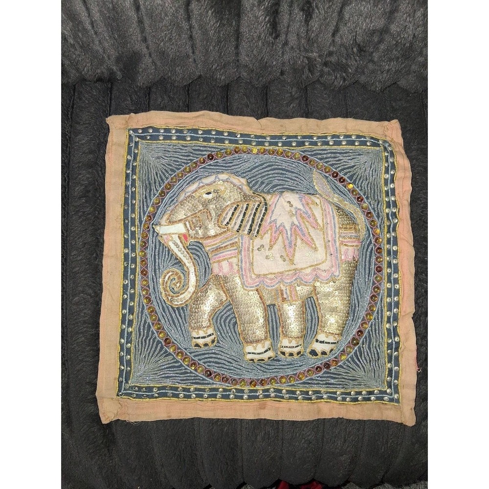 Vintage Handmade Thai Beaded Elephant Wall Hanging Textile 15" x 15"